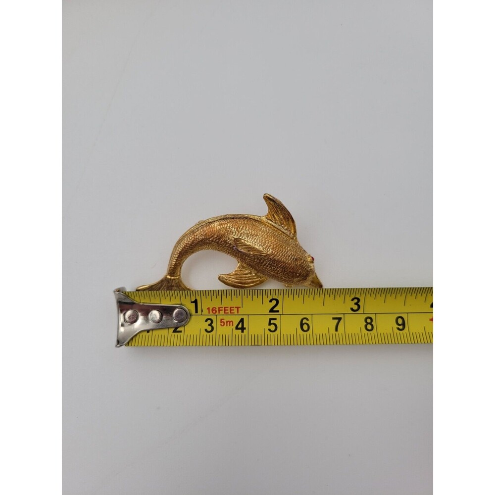 Vintage‎ Dolphin Brooch Pin Gold Tone Red Rhinestone Eyes Statement Piece - Picture 5 of 5